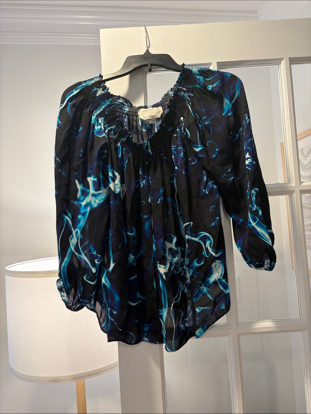 Nicole Miller Black Blouse with Teal & Blue Swirl Print